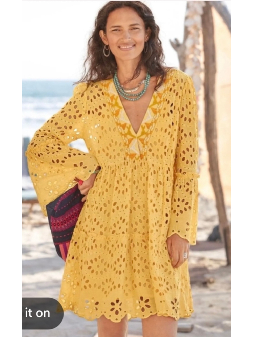 Title: Sundance Yellow Eyelet Embroidered Bell Sleeve Mini Dress Small